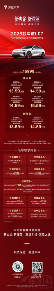 2026款深藍(lán)L07上市 全系標(biāo)配華為乾崑智駕 2026款深藍(lán)L07上市 全系標(biāo)配華為乾崑智駕